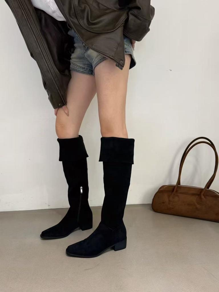 Korean Version Suede Square Head Thick Heel Knee Boots Outer Wear Wind Hot Girls Pile Boots Boots Boots
