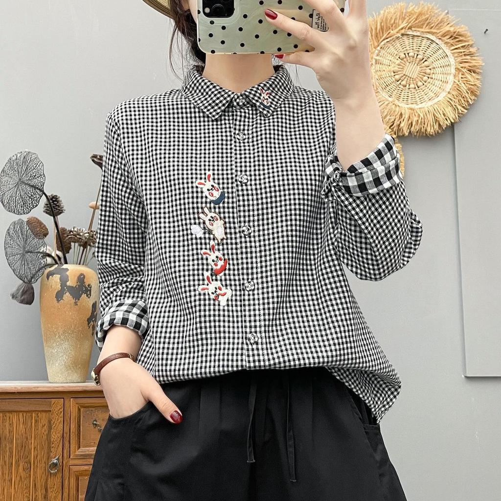 2026 Spring Korean Plaid Cartoon Embroidered Cotton Cardigan for Women
