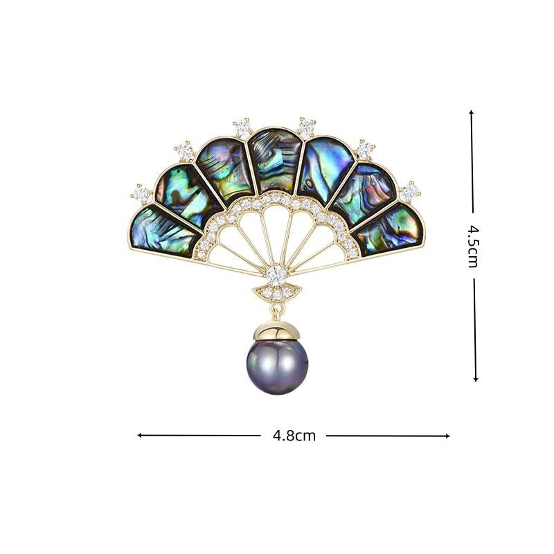 Chinese  Abalone Shell Fan Shaped Imitation Pearl Brooches For Unisex Popular Pins Jewelry Decoration Suit Party Gift