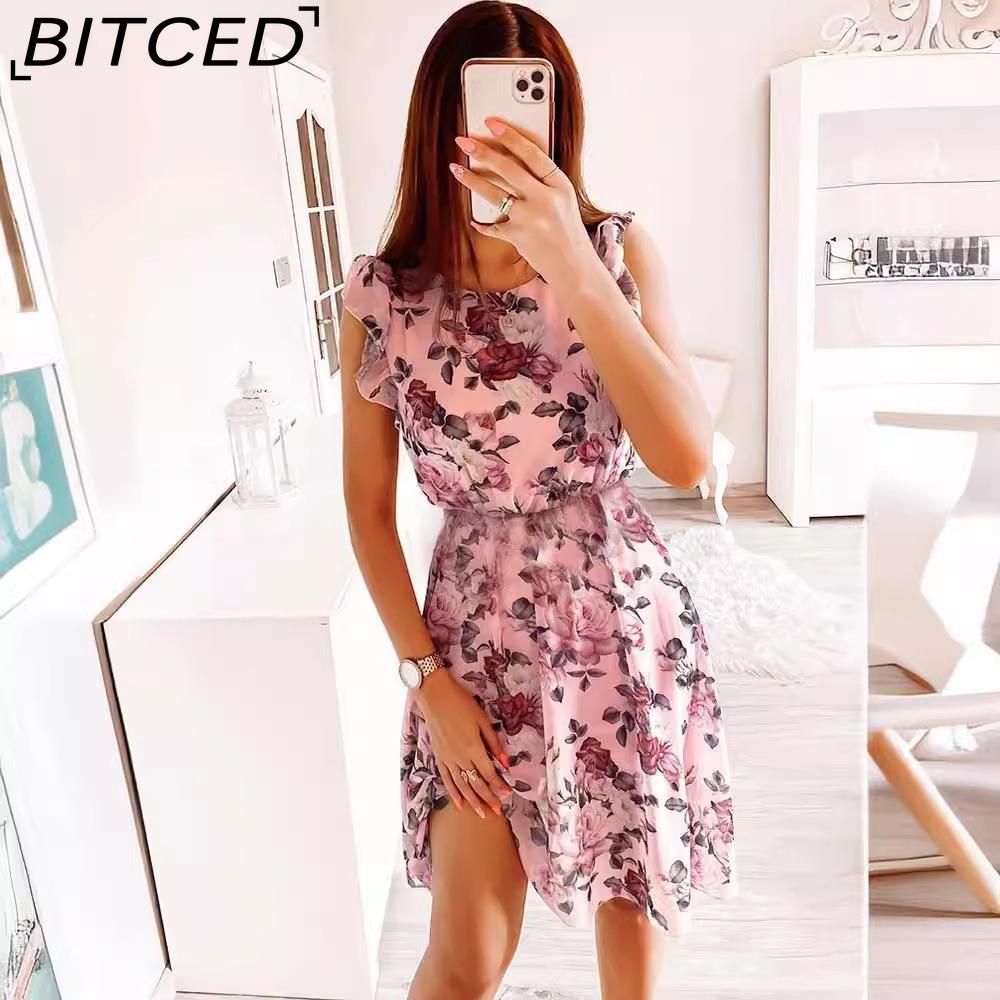 

BITCED Модное женское повседневное свободное платье с круглым вырезом и рукавами-бабочками с цветочным принтом XXXL розовый