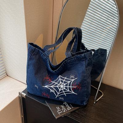 Large Capacity Denim Tote Bag Women's Travel Bag Embroidery Commuter Shoulder Bag