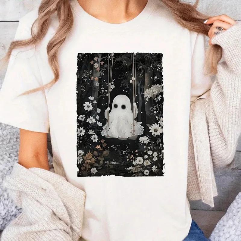 

Ghost Swinging on A Black Background with White Flowers in Summer, Ghost Swing Flower Halloween Ghost, Women s Clothing 4XL