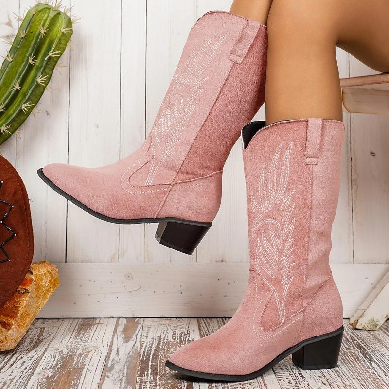 Retro Damskie Buty Klasyczne Haftowane Zachodnie Buty Kowbojskie Wysokiej Jakości Zamszowe Buty do Połowy Łydki dla Kobiet Buty Rycerskie Botas Mujer
