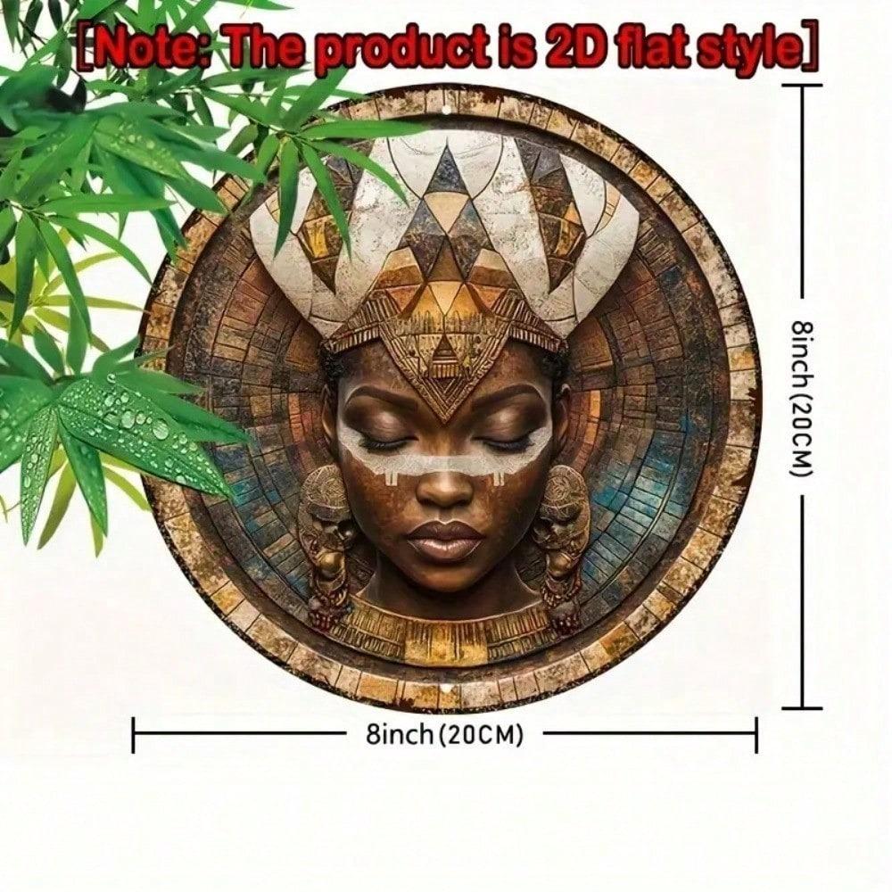 Afrikaanse Godin Wandkunst 8x8 Inch Rond Hout Mozaïek Geometrische Patronen Gouden Accent Vintage Afrikaans Masker Woondecoratie