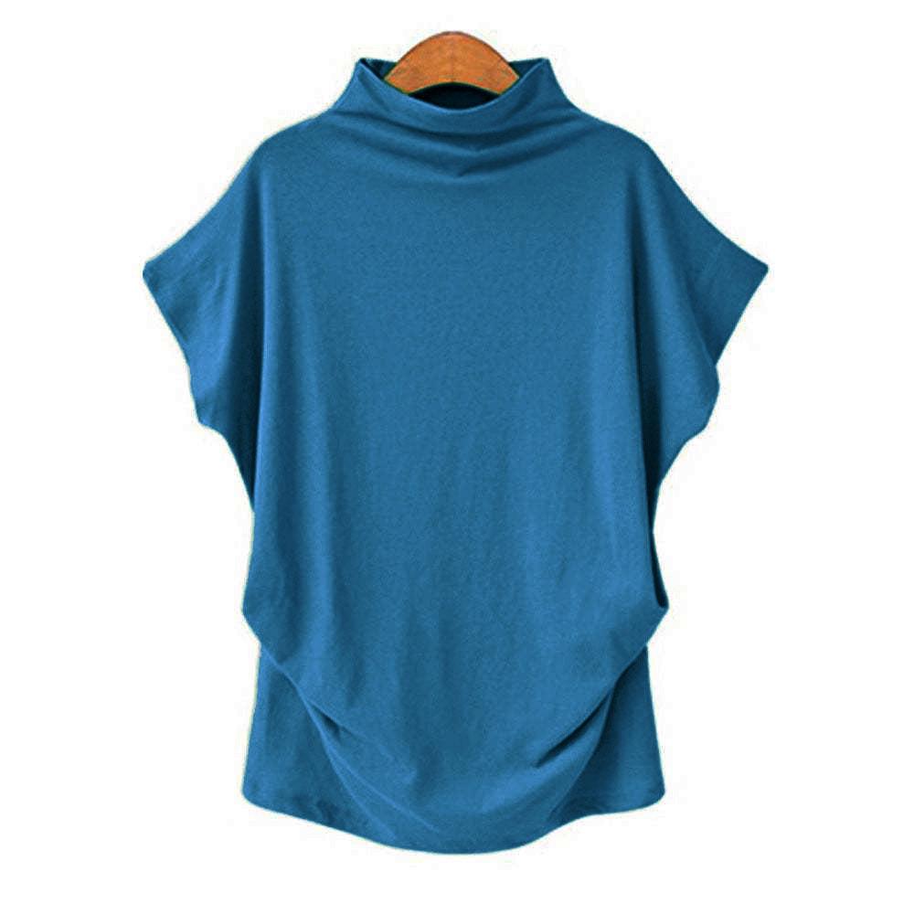Plus Size Women's Solid Batwing Sleeve T-Shirt - Half-High Collar, Loose Fit, Polyester-Cotton Blend, Short-Sleeve