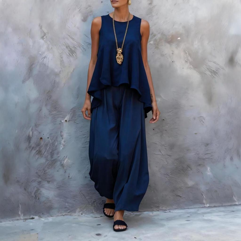 1116 New European and American Sleeveless Wide-Leg Pants Set, Women's Summer Casual Fashion Two-Piece Trendy Set
