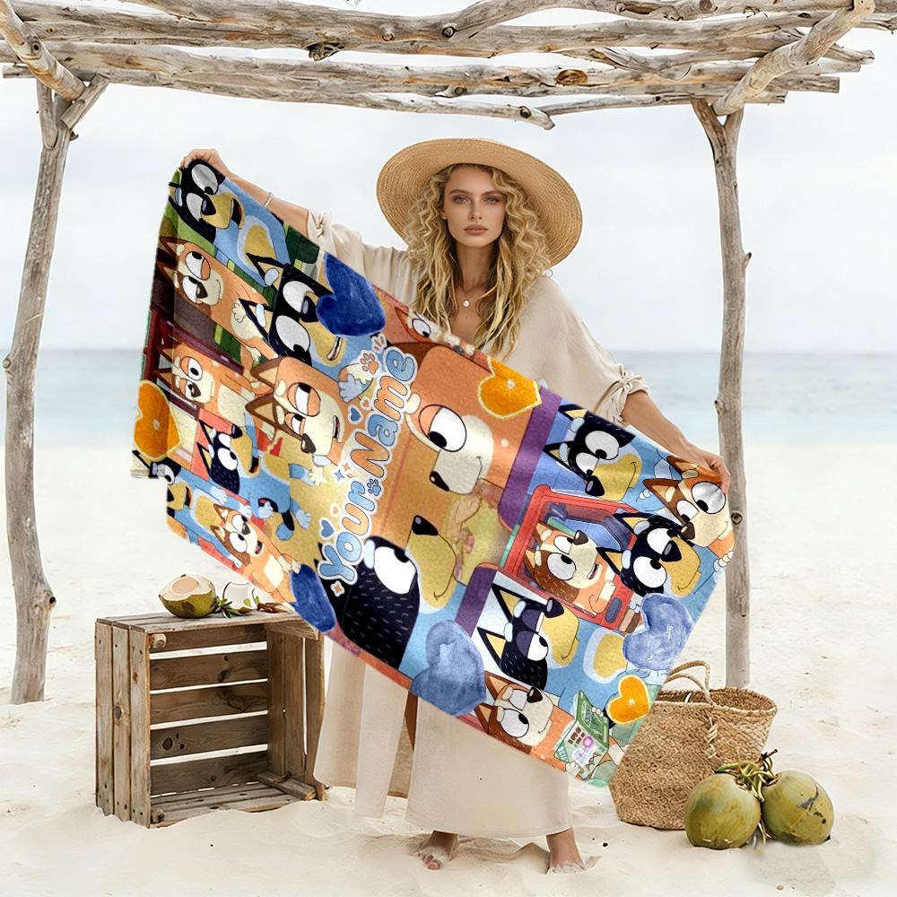 Bluey Personalized Text Beach Towel Quick-Dry Soft Microfiber For Beach Bathroom Outdoor Swimming Pool Camping Picnic Yoga Diving Vacation Accessories