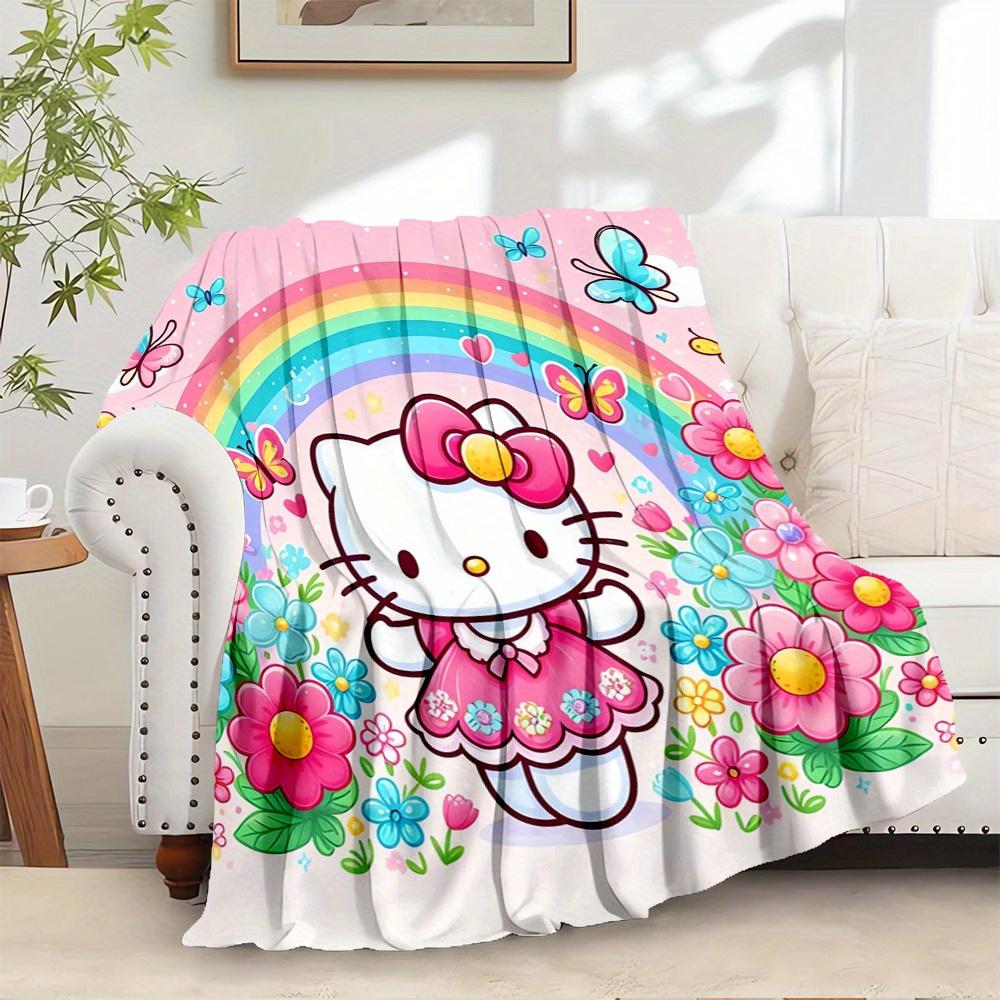 

For Hello Kitty, Rainbow, FlowersAnime-Themed Flannel Blanket, Glam Style, Digital Print, All-Season Comfort, Tear-Resistant, Knitted Crafts 130x150cm
