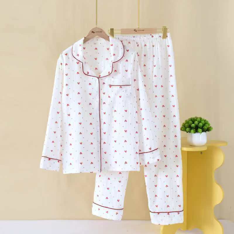 Herbst Damen Reiner Baumwollgaze Langarm Dünner Krepp Sommer Süß Locker Pyjama Loungewear Zweiteiliges Set