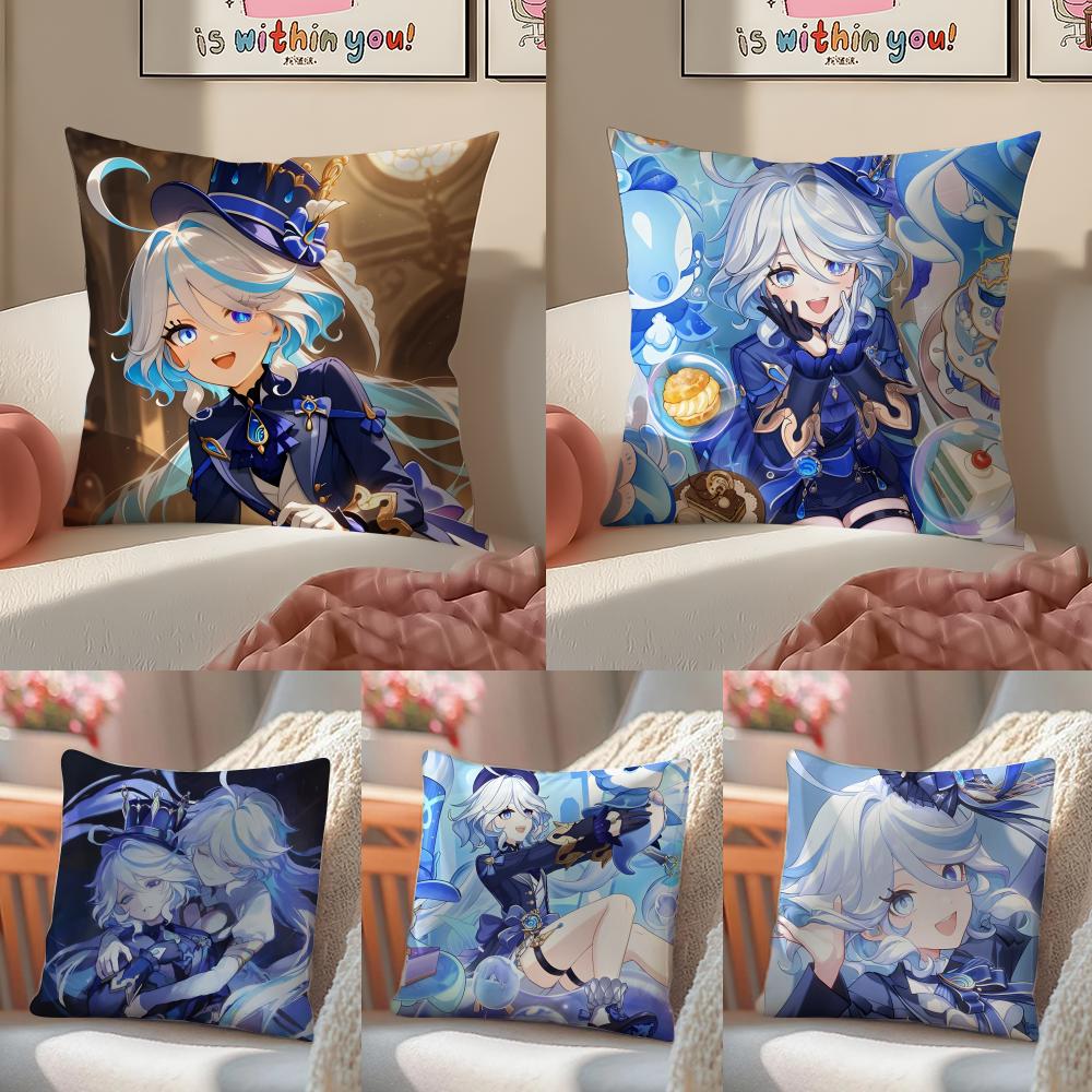 PProject Genshin Impact FFurina Icon Cushion Cover Pillowcase Short Plush Invisible Zipper Room Sofa Cushion Cover