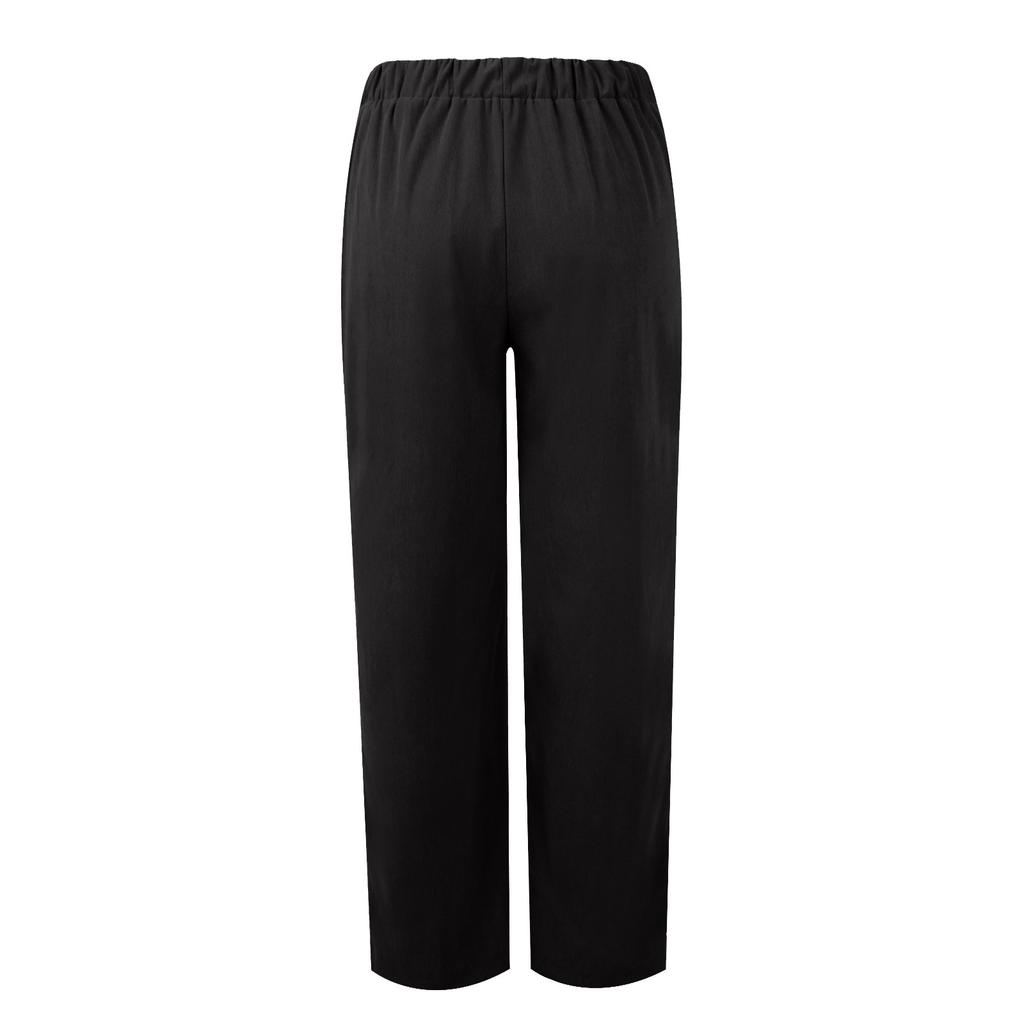 Pantalones casuales rectos con cintura elástica de color sólido informal para mujer con bolsillos