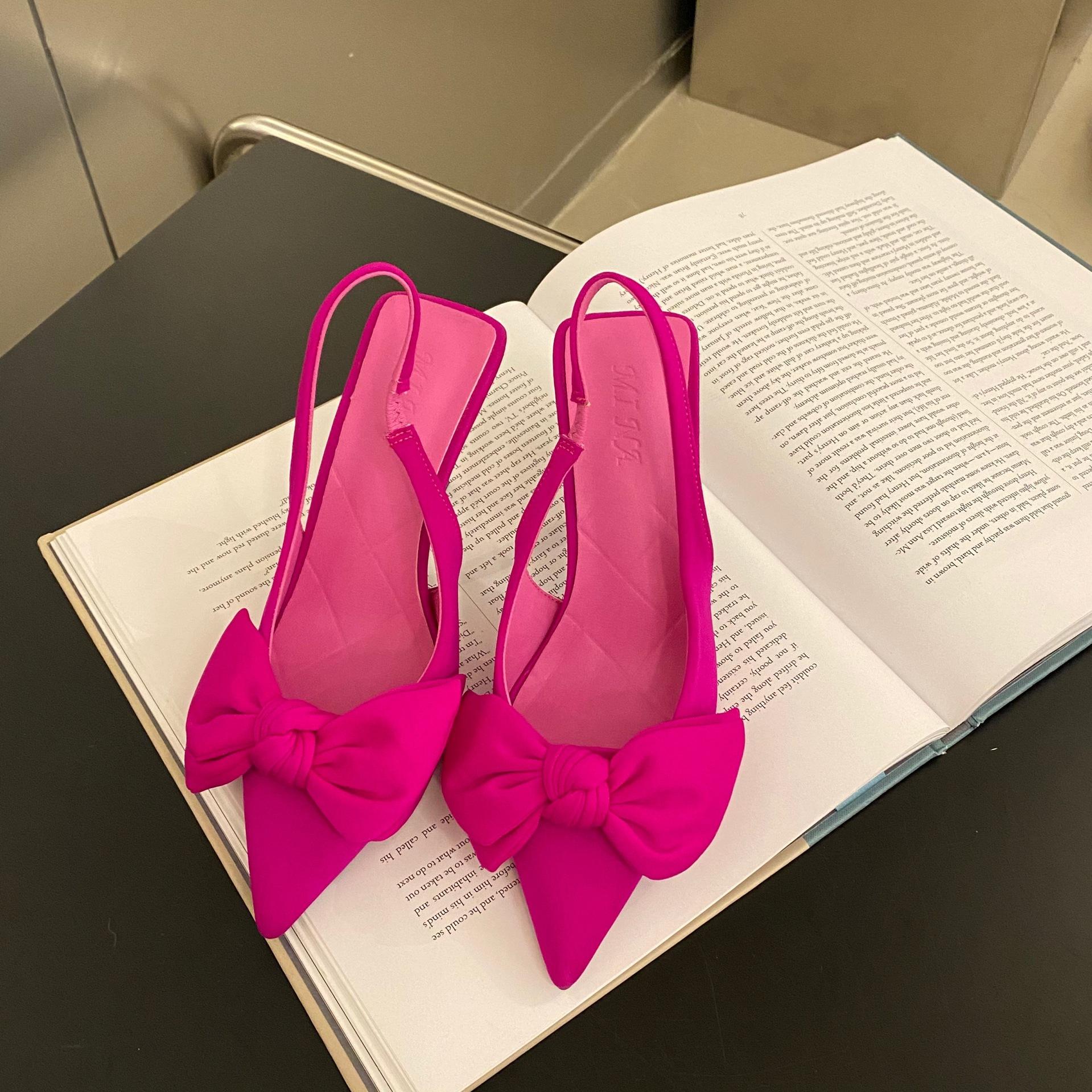 

French high-heeled niche bag head bow sandals fairy shoes 2025 new summer thin heel pointed shoes 40 рожевий червоний колір