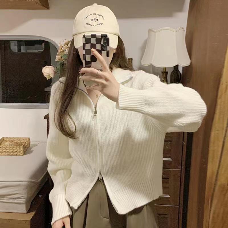 

Осень и зима новый свободный ленивый однотонный вязаный кардиган женский дизайнерский нишевый свитер на молнии с двумя бегунками One Size белый