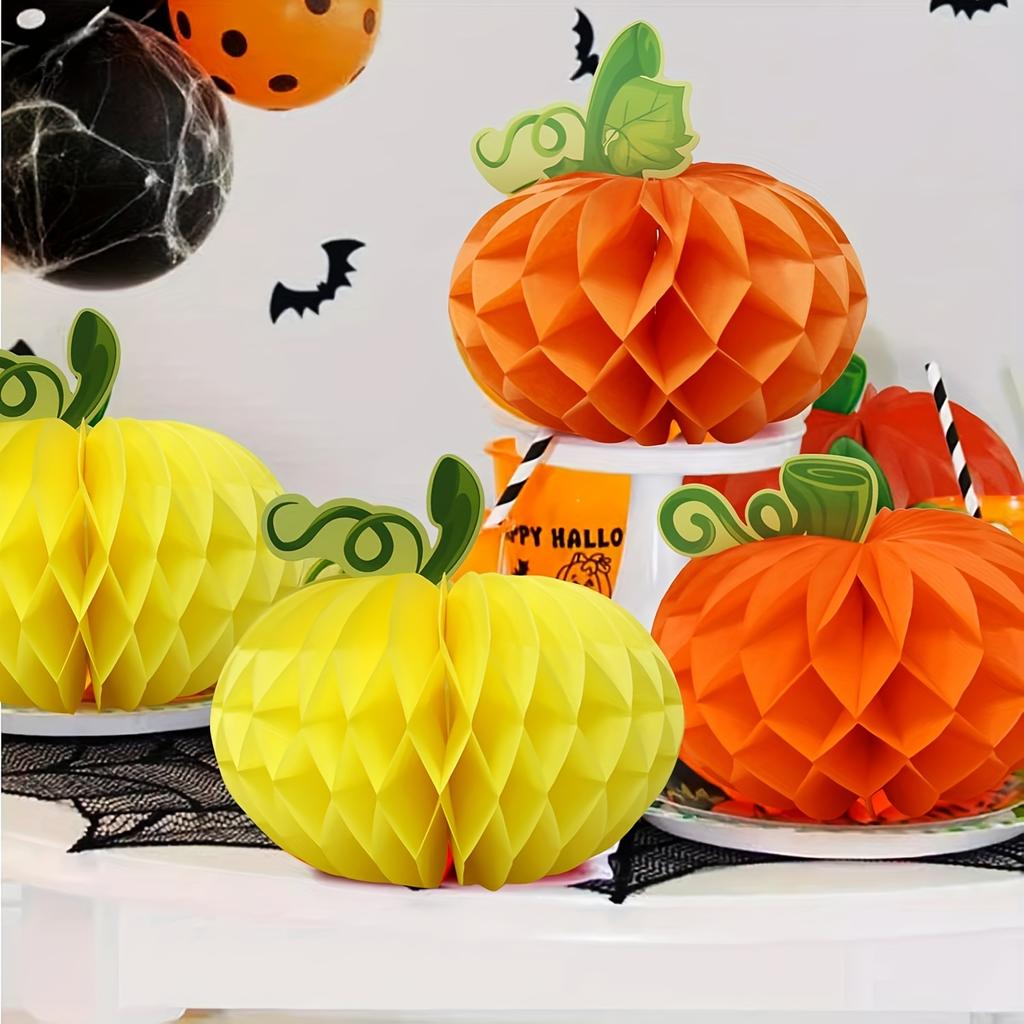 6PCS Tissue Paper Pumpkin - 3D Honeycomb Hanging Ornaments & Table Centerpieces - for Halloween, Thanksgiving, Fall Festival Decor (20cm)