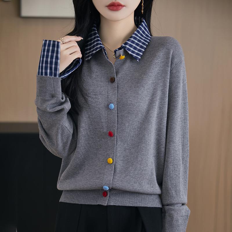 Spring New Checkered Lapel Knitted Cardigan with Colorful Buttons, Loose and Versatile Top Coat