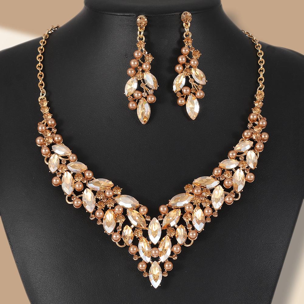 Bridal Pearl Necklace & Earring Set with Rhinestone Crystals for Women