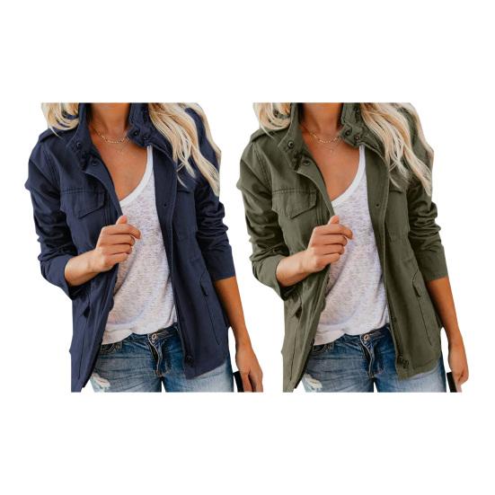 Versatile Women Jacket Solid Color Long Sleeve Lapel Coat Boyfriend Style Outerwear with Multiple Pockets