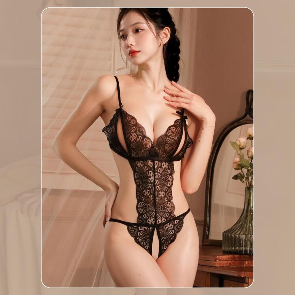 Bodysuit for Women Sexy Open Crotch Camisole Without Taking Off Deep V Neck Kinky Couple Stimulation Lace Transparency Breast Exposure Butt Exposure