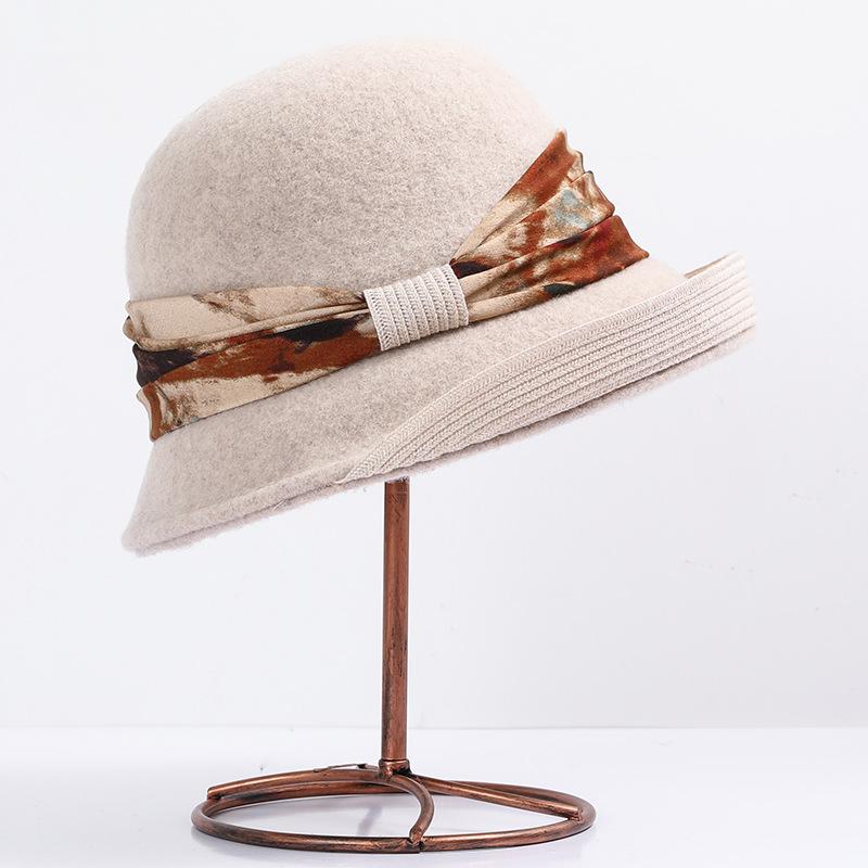 Wool hat women's autumn and winter versatile basin hat Australian wool retro elegant top hat rolled brim bucket hat