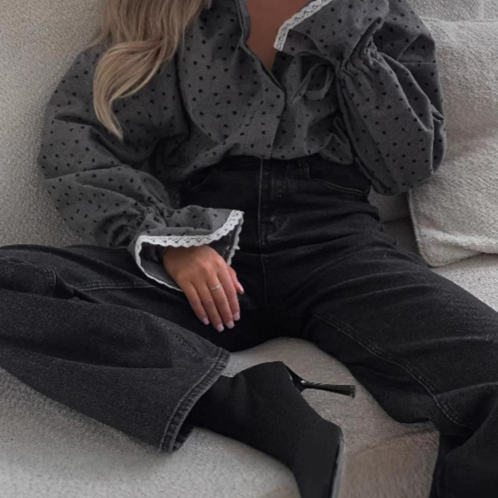 Spring and Autumn Hot Design Loose Polka Dot Cuff Lace Shirt Women's Sweet Turn-down Collar Long Sleeve Blouse