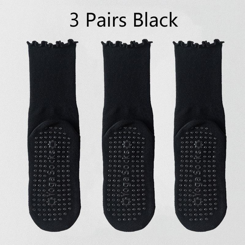 3 Pairs Solid Yoga Socks for Women Cotton Breathable Mid-calf Yoga Socks Pliates Sport Fitness Non-slip Grip Floor Socks Ruffle