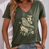 Kurzarm-T-Shirt mit V-Ausschnitt und Blumen- und Blätterprint für Damen