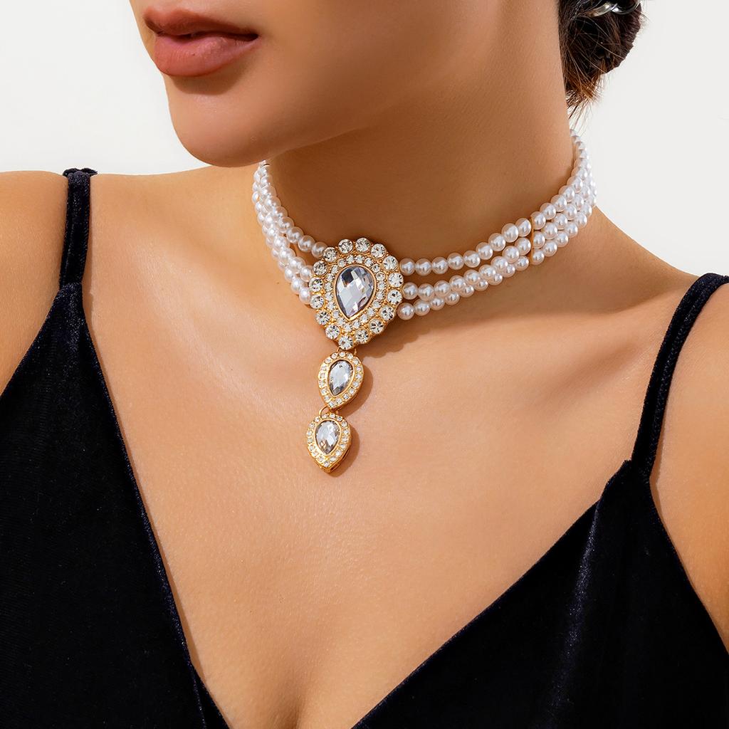 KunJoe Luxus Weißer Strass Tropfen Lange Choker Halskette Damen Vintage Mehrschichtige Imitationsperlen Perlenkette