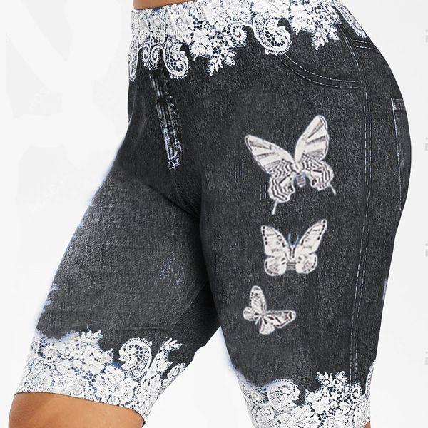 

женщины Мода Плюс Размер Тощий Бабочка Печати Случайные Jeggings Faux джинсовые джинсовые брюки
