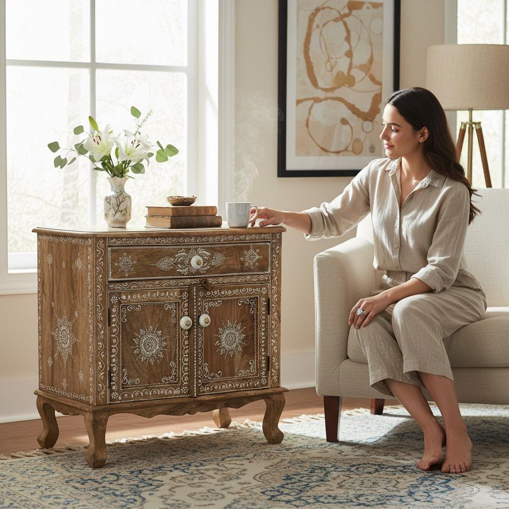 Wooden Painted Bedside Desk Drawer Cabinet Storage | Nightstand Furniture Side Table | Bedside Cabinet White Floral Inlay | Wooden sideboard