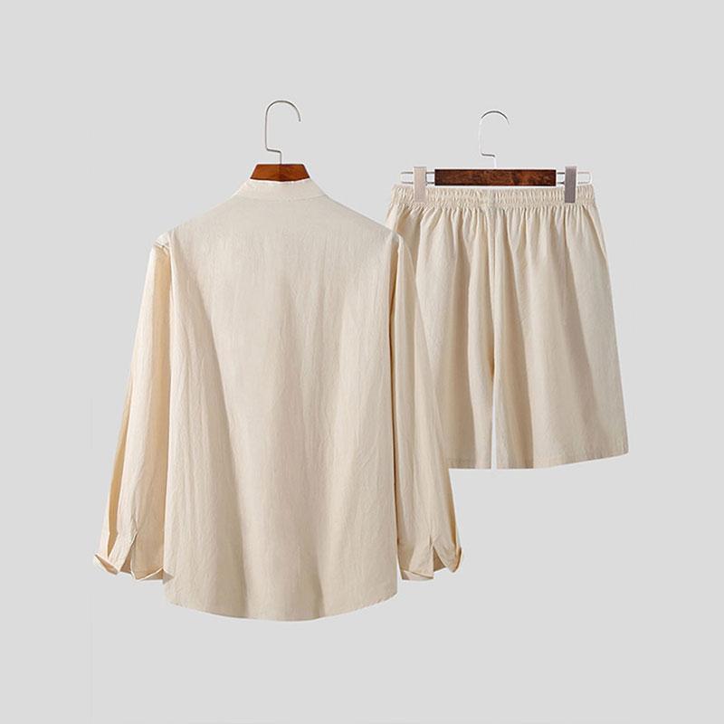 Men's Hawaiian Suit Summer Solid Color Stand Collar Long Sleeve Shirt Beach Shorts Streetwear High Quality 2-Piece Set