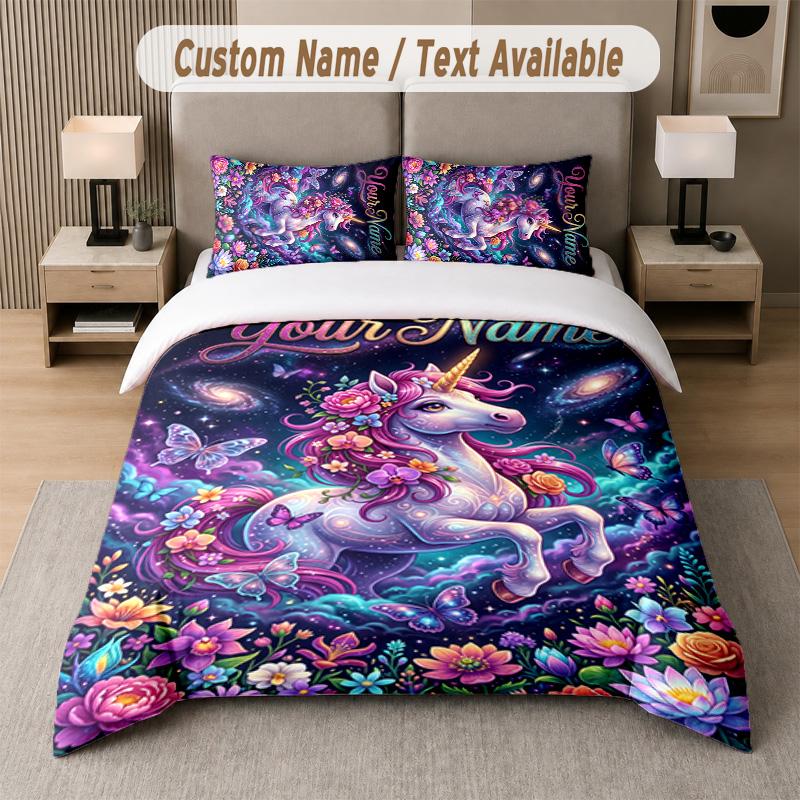Unicorn Theme Custom Text Or Name 3Pcs Bedding Set 1 Flat Sheet & 2 Pillowcases Personalized Home Bedding