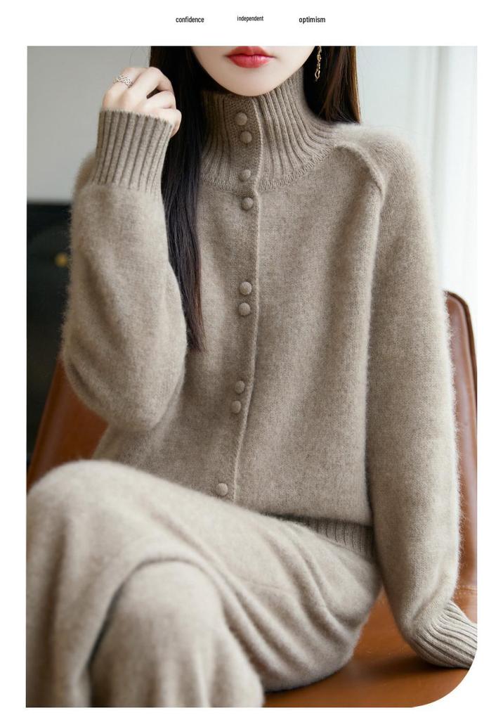 Women's Solid Color Wool Cardigan - High Neck, Long Sleeve, Loose Fit Sweater