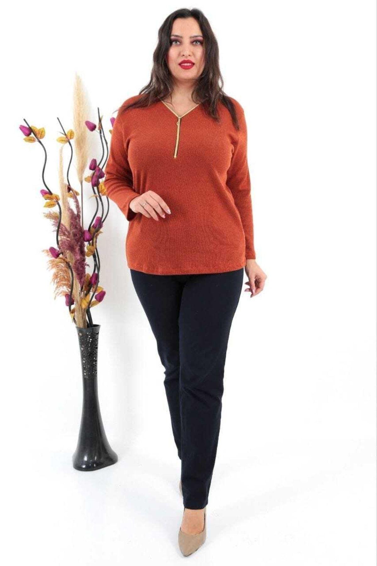 

Женская блузка большого размера Оранжевая трикотажная блузка на молнии с v-образным вырезом