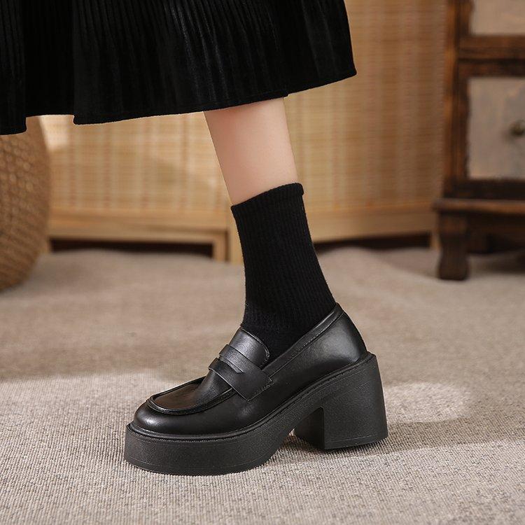 Lefou Shoes Women's Models Fall Thick with Retro Black Small Leather Shoes Thick Bottom Single Shoes Female