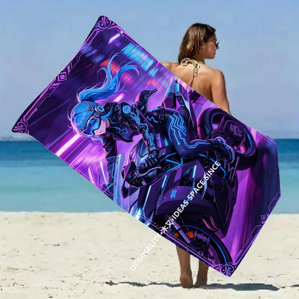 Cyberpunk Anime Girl Moto Beach Towel Patterned Sunscreen And Windproof Suitable For Swimming Pool Camping Travel