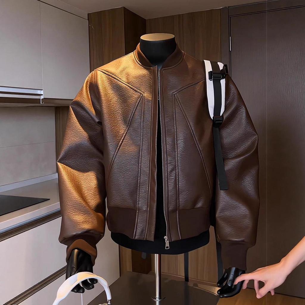 Chaqueta de Béisbol para Hombre de Cuero PU Marrón Otoño - Estilo Motero Casual Holgado