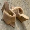 Fashion Elegant Fluffy Pointed Toe Design Brand High Heel Slippers Women Sexy Open Toe Wedges Slide Sandals Fashion Party Dress Shoes