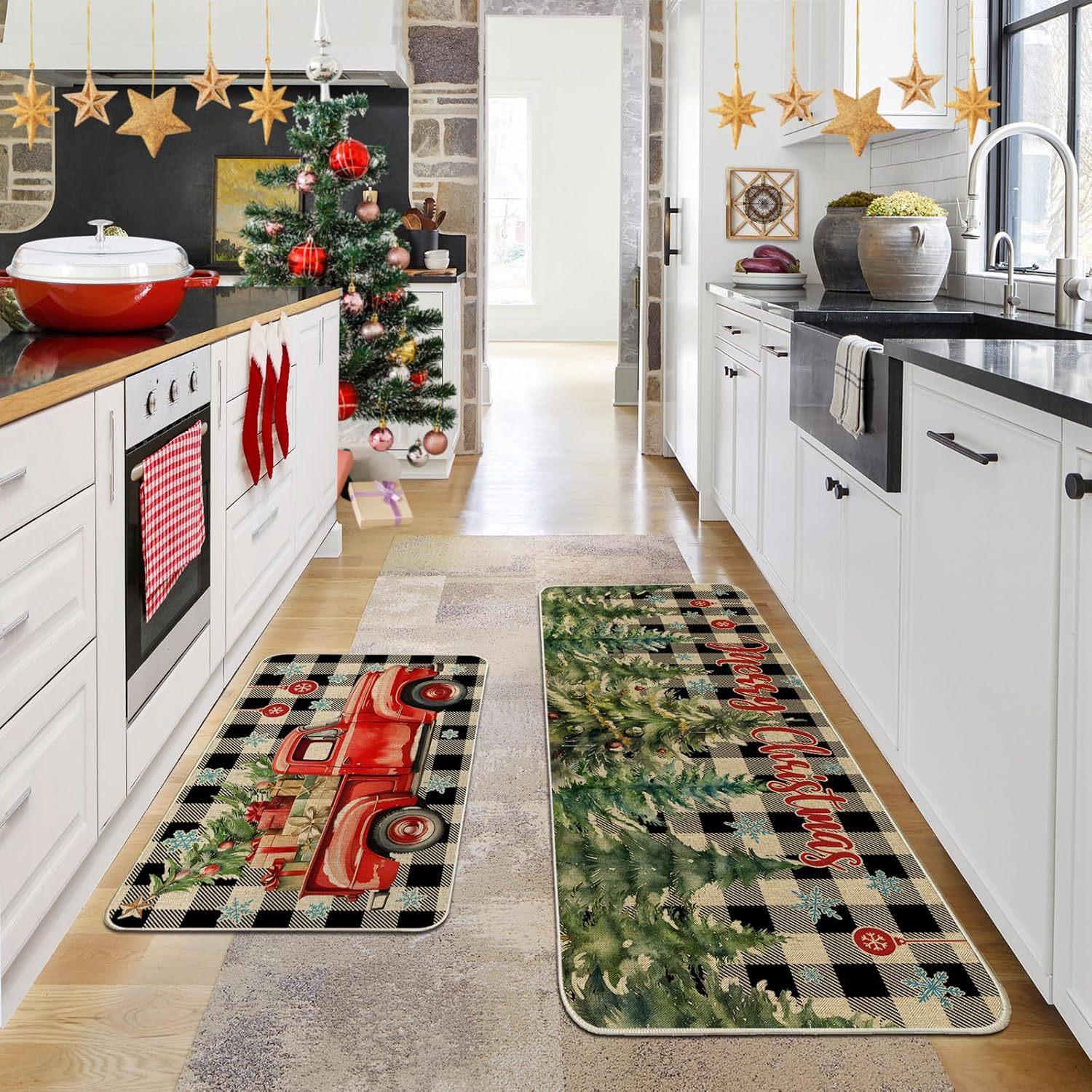 

VIKAMA Christmas Vintage Carpet Home Decor, Kitchen, Bathroom, Living Room Corridor, Running Rug, Anti-Slip And Stain-Resistant 2pc 40x60 40x120cm