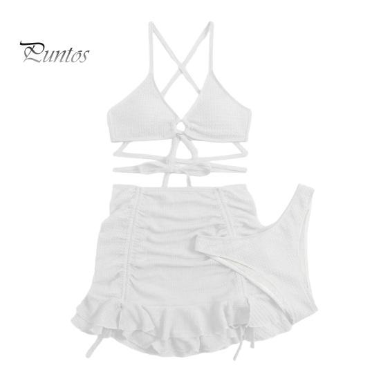 

3 шт./компл. женский купальник, однотонный, волнистая текстура, сексуальное бикини с разделением, юбка с оборками на шнуровке, пляжная одежда на шнуровке S белый