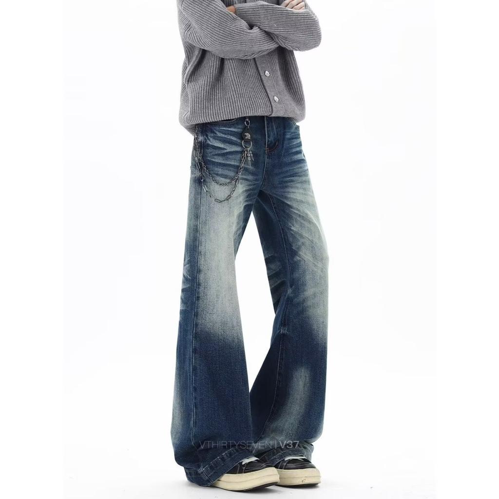 American retro cat whisker washed jeans men's straight loose wide-leg high street pants versatile and thin long pants
