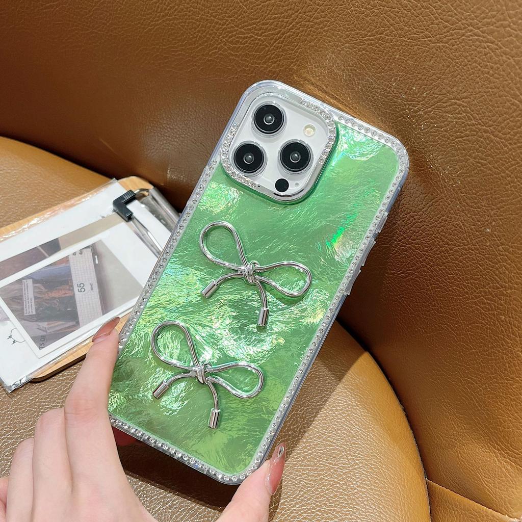 Applicable To IPhone16proMax Laser Feather Bow Mobile Phone Case Apple 15 Flashing Powder Diamond Anti Fall Protection Case