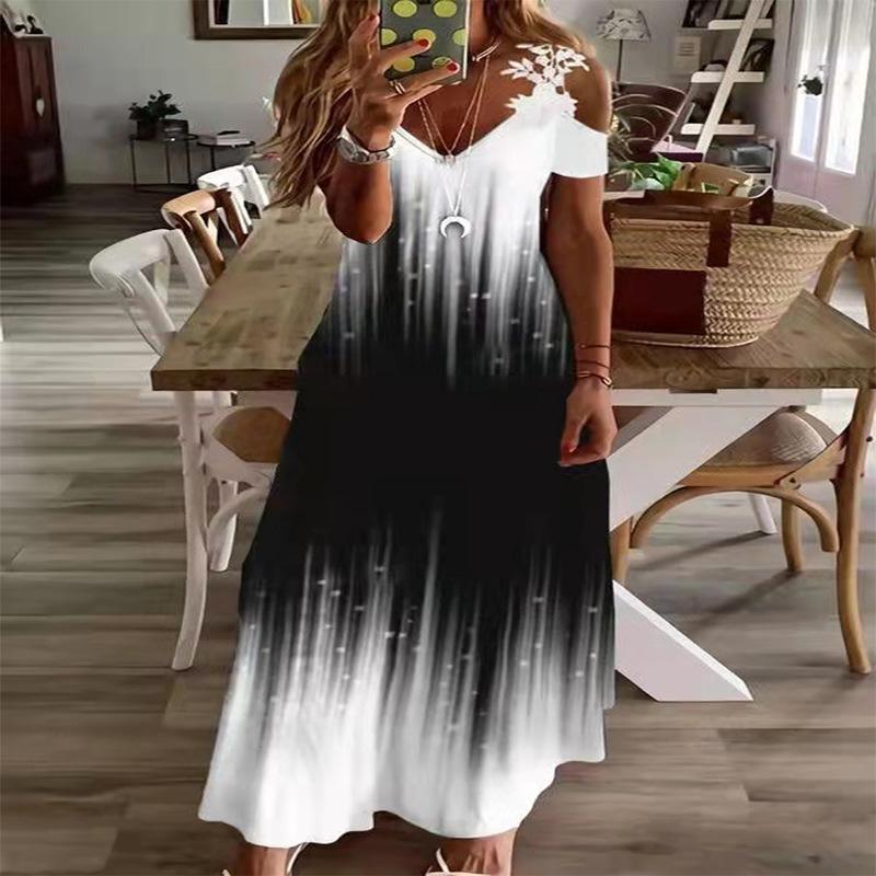 Women's summer new lace suspender v-neck fashion printed loose dress