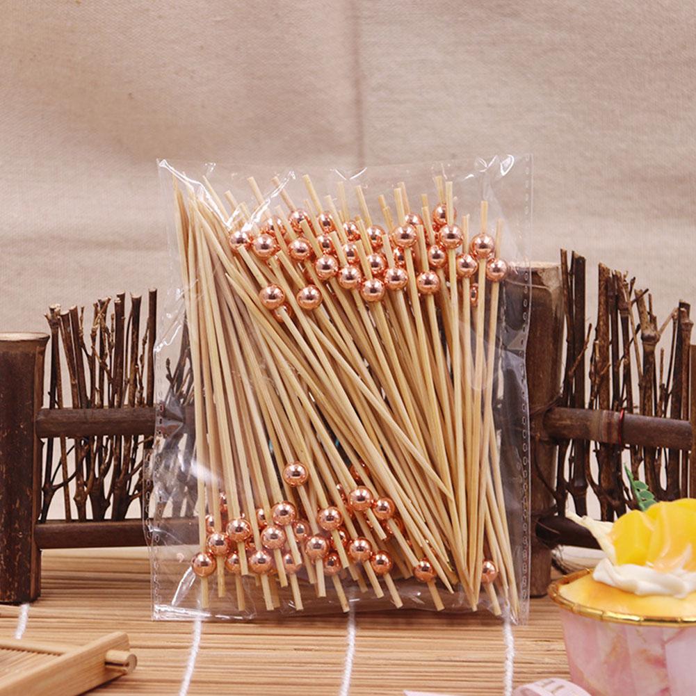 100 Pieces 12cm Disposable Fruit Bamboo Sticks with Creative Bead Tags for Desserts Fruits Festival Decoration Accessories