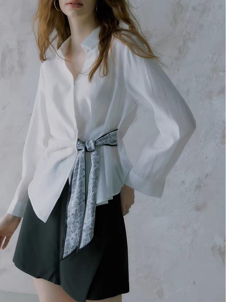 2026 Spring French Design Women's Long Sleeve Tie-Up Commuter Shirt - High-End White Top