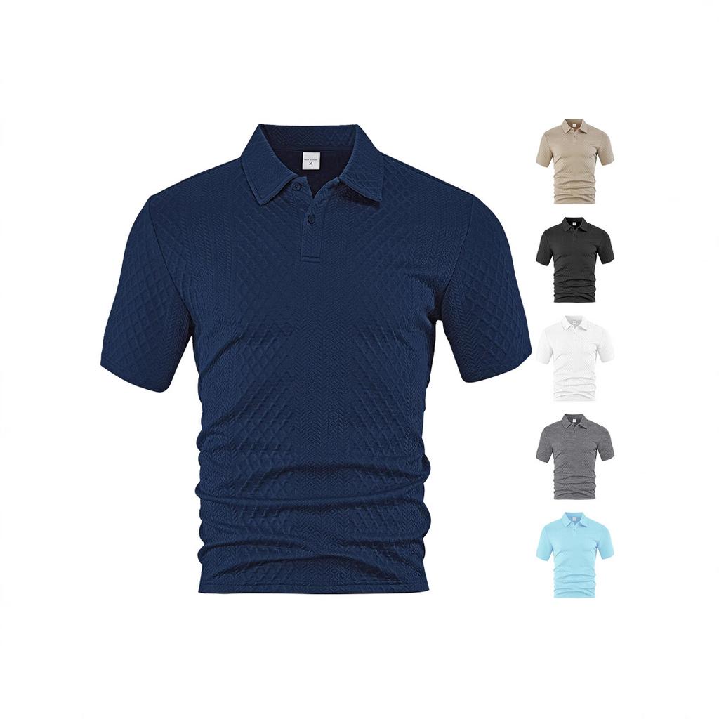 European and American Men's Clothing Summer Thin Loose Breathable Casual Solid Color Jacquard Lapel Short-sleeved Men's Polo Shirt