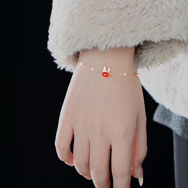 Cute Girl Heart Series Rabbit Red Agate S925 Pur Silver Bratara pentru fete