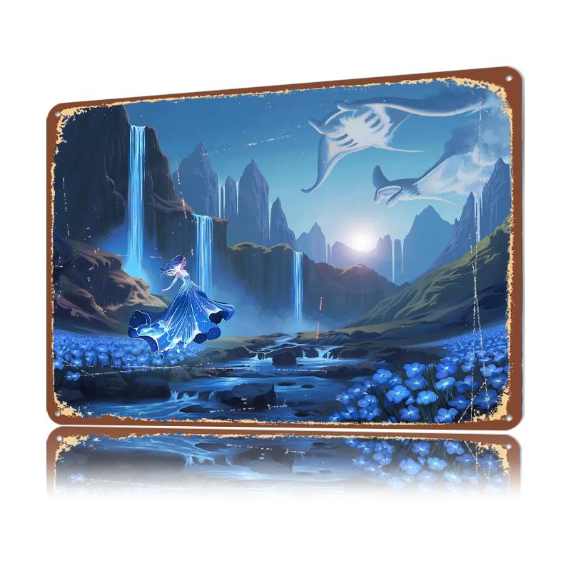 Fantasy Landscape With Woman and Mantas D Texture Metal Poster Customized Wall Art Tin Sign Gift for Mancave Decor Luxury House