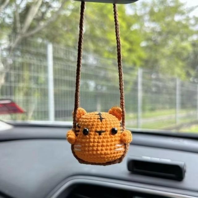 Handmade Crochet Animal Car Charms - Soft Yarn Crafted Frog Penguin Chick Pendants Cute Rearview Mirror Decorations for Vehicle