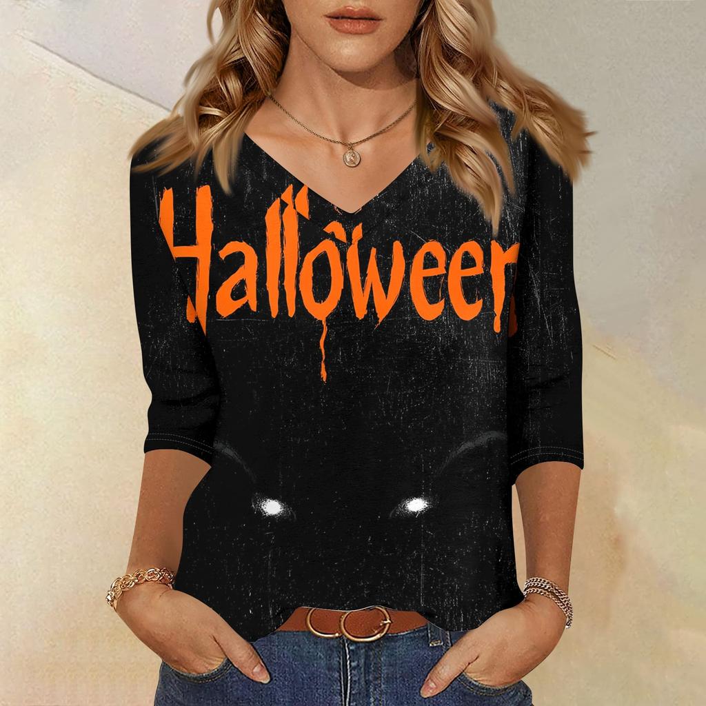 Women's Casual Halloween Print V-Neck Three-Quarter Sleeve Top