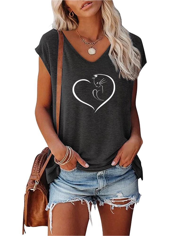 Women Fashion Printed Top Summer V Collar Tee Shirt Ladies Casual Short Sleeve T-shirt